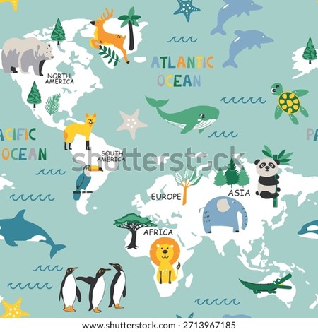 Playful World Map Animals Seamless Pattern
