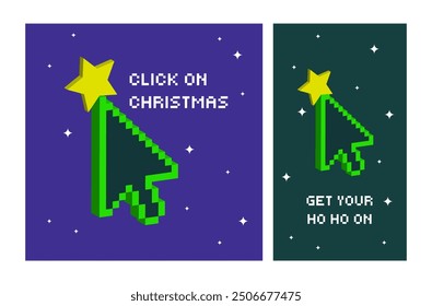 Spielerische Y2K-Karte für Heirat Weihnachten, Frohes neues Jahr mit Pixel-Cursor. Trendy Illusion Baum Weihnachten. Futuristische Bold-Illustration. Cyber-Stil. Pixelart. E Commerce. Neonfarben. X-Mas-Feier