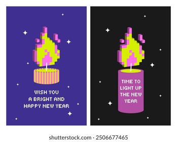 Playful Y2k cards for Marry Christmas, Happy New Year with candle. Pixel flame. Futuristic Bold illustration. Cyber style. Pixel art. Simple geometry shape. Minimalist. Neon colors. X-Mas celebration