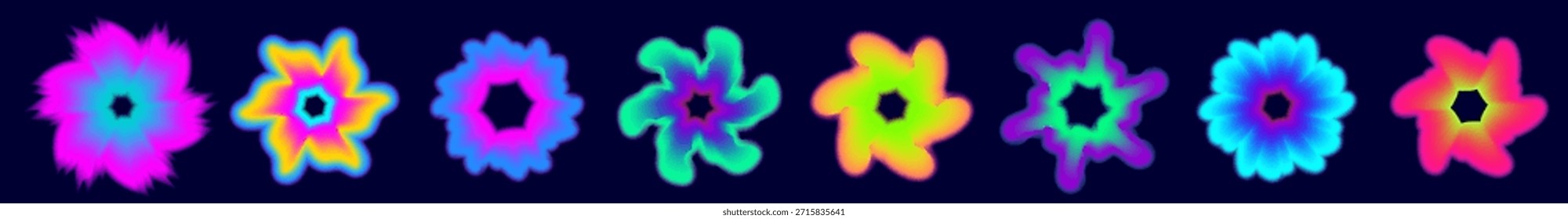 Verspielte y2k Blumenelemente mit Neon-Aura und seidigem Farbverlauf-Glanz. Jedes Design verbindet unscharfe Textur und organischen Formrhythmus, sich wiederholendes Farbverlauf-y2k-Flair, Blumenhinweise und unscharf erweichte Formränder.