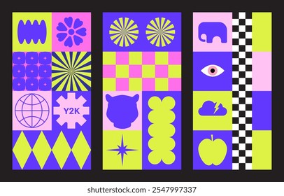 Playful Y2k Retro background with Simple shapes. Cute Geometry tile. Retro Mystical vibe. Magic Backgrounds, Design elements for Holidays aesthetics. Fantastical vibrant