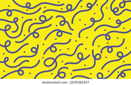 Playful Yellow Backdrop with Curvy Blue Lines and Scattered Dots Pattern