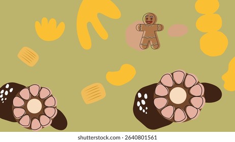 Playful yellow background with large cookies, grid biscuits, and candy blobs in earthy and dark tones, designed for dessert-themed creative projects.