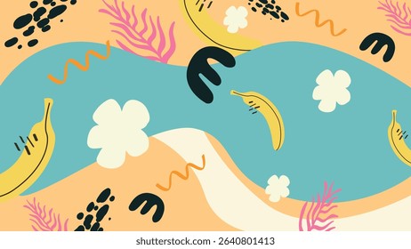 Playful yellow bananas, coral branches, and bold organic shapes on a peach and blue wavy layout. A creative tropical design perfect for summer-themed visuals.