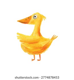 Playful yellow duckling standing with beaming eyes and orange bill