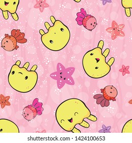 Playful yellow jellyfish and pink starfish playing.Seamless vector pattern on pink background with transparent bubble and wave texture. Great for bathroom, kids and baby products, stationery, gifts