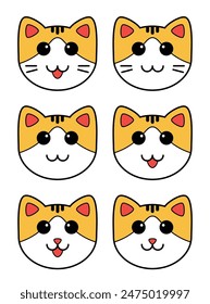 Playful yellow kitty cat faces outline vector illustration. Three-shaped mouths, pink ears, with and without nose or whiskers. Cute cat cartoon variation in flat style. Isolated on white background.