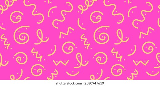 Patrón de garabato amarillo juguetón sobre fondo rosa. Diseño de doodle sin fisuras