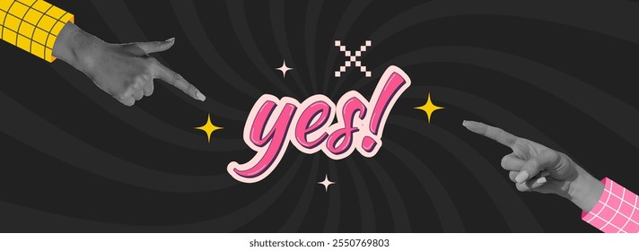 Playful "Yes!" Collage with Pointing Hands Design. Halftone hand gestures coming to agreement. cartoon playful y2k stickers. Retro modern nostalgia concept.