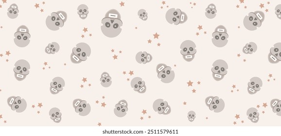 A playful, yet slightly eerie pattern of stylized skulls scattered across a light beige background