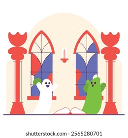 A playful yet spooky cartoon illustration depicting ghosts inhabiting a gothic castle interior. Ideal for Halloween projects, children's books,