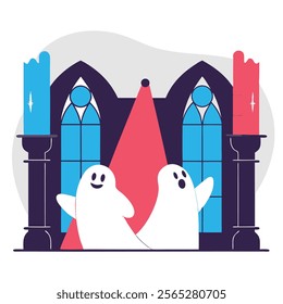 A playful yet spooky cartoon illustration depicting ghosts inside a gothic castle interior. Ideal for Halloween-themed projects, children's books, game assets, or any design needing a whimsical