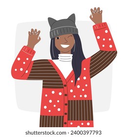 Playful young adult girl in cat hat and ugly sweater. Pretty native american woman portrait in vintage textured cardigan. Funny female christmas character hand drawn flat vector illustration isolated