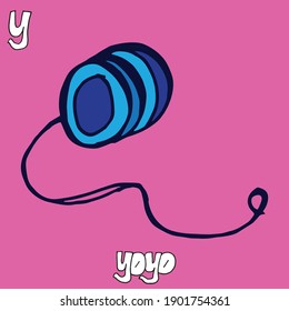 Playful Yoyo Hand-Drawn Lettering: Vibrant and whimsical lettering on a pink background featuring a blue yoyo. Perfect for kids' designs, this illustration adds a touch of nostalgia and fun.