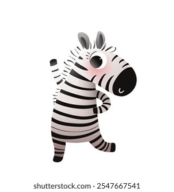 Playful zebra character animal for kids colorful cartoon. African toy baby zebra dancing funny illustration for children. Vector character design isolated clip art.