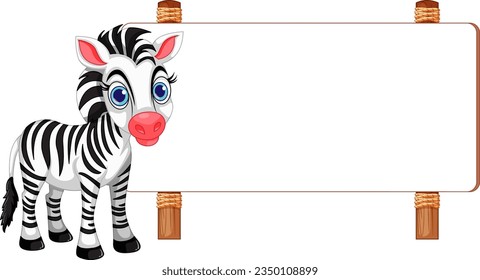 A playful zebra character standing proudly in front of a signboard banner