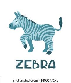 Playful zebra.  Cute cartoon kids character. Color illustration isolated on white background. Concept for prints, cards, posters, web, textiles. Vector.