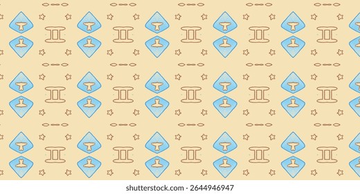 Playful zodiac-themed seamless pattern featuring the Gemini sign with star and space motifs. Ideal for astrological designs, wrapping paper, and fabric prints.