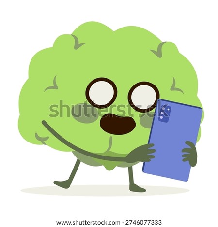 Playful zombie brain character interacting with a mobile phone to illustrate screen dependency and cognitive fatigue