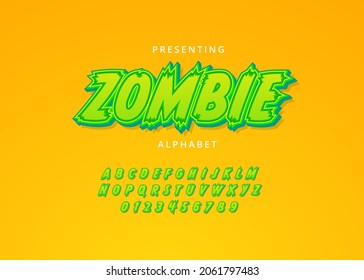 Playful zombie cartoon style custom font design, set of letters and numbers