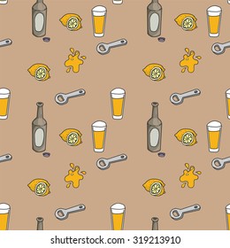 playfull, colorful seamless pattern of beer botles and glases, vector illustration