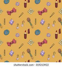 playfull, colorful seamless pattern of variuos beuty objects, vector illustration