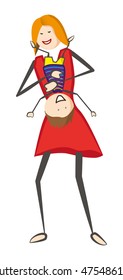 Playfull mother holding laughing child upside down. Vector illustration