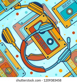 Playfull retro music Seamless Pattern.  Background Wallpaper with tape and headphone.