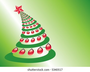 A playfully bent Christmas tree on a green background