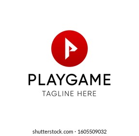 PLAYGAME Logotype - Vector Emblem Template for Video Hosting or Web Site with a Similar Name starting with P, Round Red Symbol.