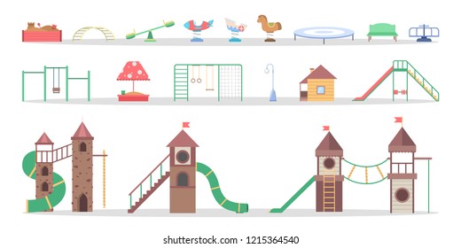 Playgorund element for kids set. Slide and seasaw, swing and rocket. Equipment for kindergarten. Flat vector illustration