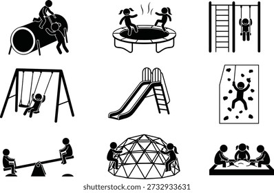 Conjunto de iconos de actividad de parque infantil, Ilustración vectorial de silueta para niños, equipo de juego al aire libre, concepto de desarrollo físico, diseño de línea negra para uso creativo