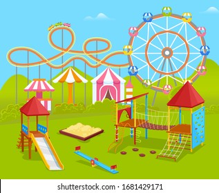 Playground with attractions vector, amusement park with ferris wheel and carousel. Recreation and leisure on weekends, holidays outdoors greenery