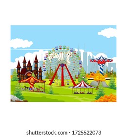 Playground With Autumn Meadown and Town Background
