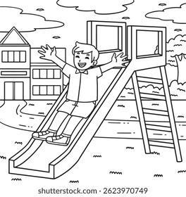 Playground Boy jugando en una diapositiva para colorear 