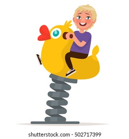 Playground. Boy swinging on spring swing. Vector illustration