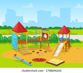 Playground with building view, playing yard with sandbox, slide and climb equipment. Swing and rope, carousel sign, urban place for children, school vector