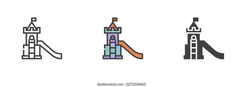 Juego de iconos de diferentes estilos con diapositivas de castillo de recreo. Línea, glifo y contorno relleno versión colorida, contorno y signo vectorial relleno. Símbolo, ilustración del logotipo. Gráficos vectoriales