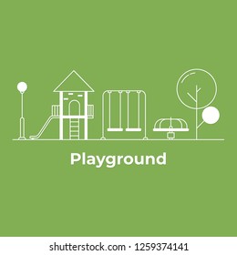 Playground in central park of spring or summer.  Flat line vector illustration of cityscape. minimal style.