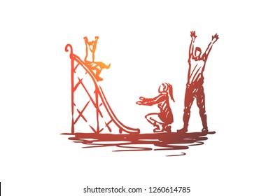 Playground, childhood, family, kids, game concept. Hand drawn parents playing with kids concept sketch. Isolated vector illustration.