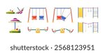 Playground in children area in park, kindergarten or school yard. Broken kids seesaw, swing, horizontal bar with ladder damaged of accident, storm wind or vandalism, sandpit with umbrella, vector set