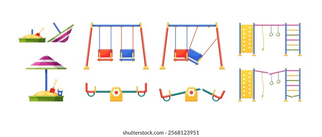 Playground in children area in park, kindergarten or school yard. Broken kids seesaw, swing, horizontal bar with ladder damaged of accident, storm wind or vandalism, sandpit with umbrella, vector set