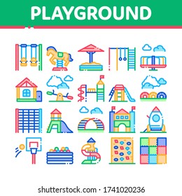 Playground Children Collection Icons Set Vector. Basketball And Climbing Wall, Seesaw And Swing In Horse Form Playground Attraction Concept Linear Pictograms. Color Illustrations