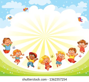 Playground. Children happily jump on the flower field. Template for advertising brochure. Ready for your message. Funny cartoon character. Vector illustration