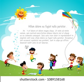 Playground. Children having fun. Template for advertising brochure. Ready for your message. Vector cartoon illustration