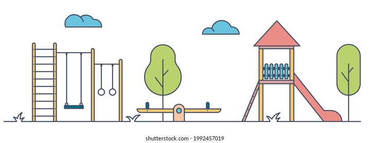 Playground for children. Landscape of park with swing, bench and slide. Color vector illustration isolated on white background.