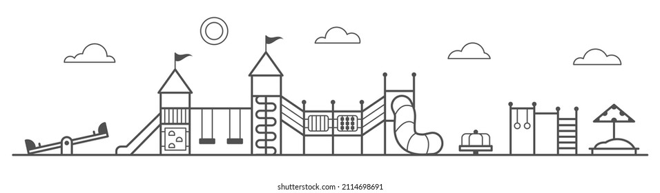 Playground for children. Landscape of park with swing, rides, sandbox and slide. Outline vector illustration.