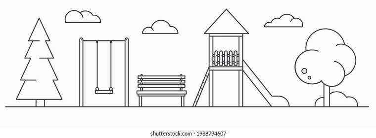 Playground for children. Line art illustration. Landscape of park with swing, bench and slide. Outline vector illustration isolated on white background.