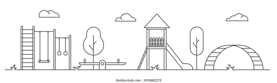 Zona de juegos para niños. Ilustración de arte de línea. Paisaje de parque con columpio, banco y tobogán. Ilustración del vector de contorno aislada en fondo blanco.