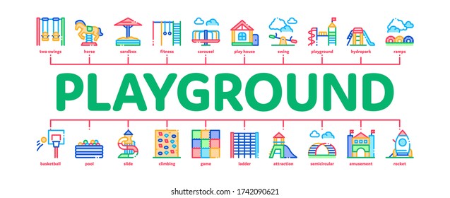 Playground Children Minimal Infographic Web Banner Vector. Basketball And Climbing Wall, Seesaw And Swing In Horse Form Playground Attraction Illustration